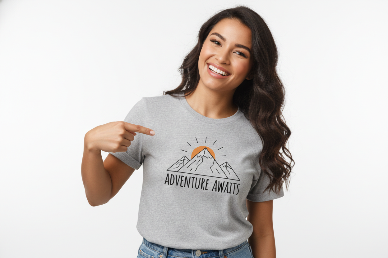 MUJER SONRRIENTE SE;ALANDO SU CAMISETA 